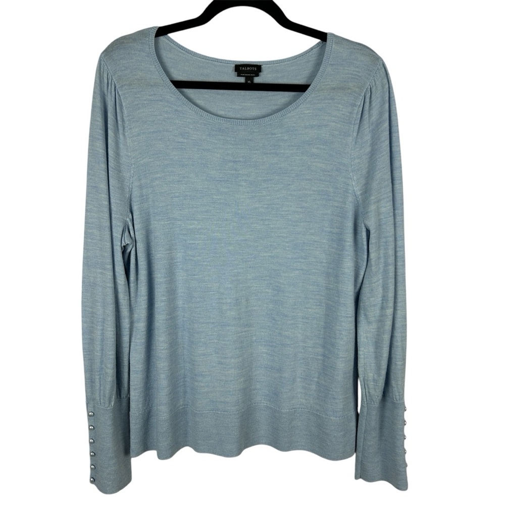 Talbots Classic Merino Wool Long Sleeve Buttons Crew Neck Sweater XL Light Blue